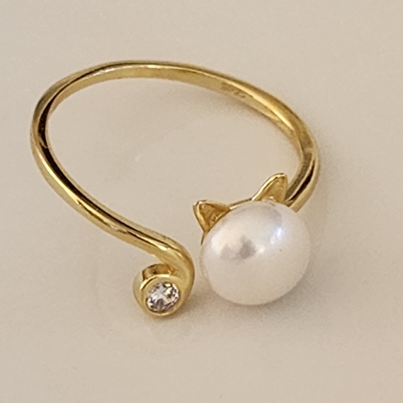 925S Real 8mm Cultured Freshwater Pearl Cat Shape Gold Ring - Adjustable - Picture 15 of 16